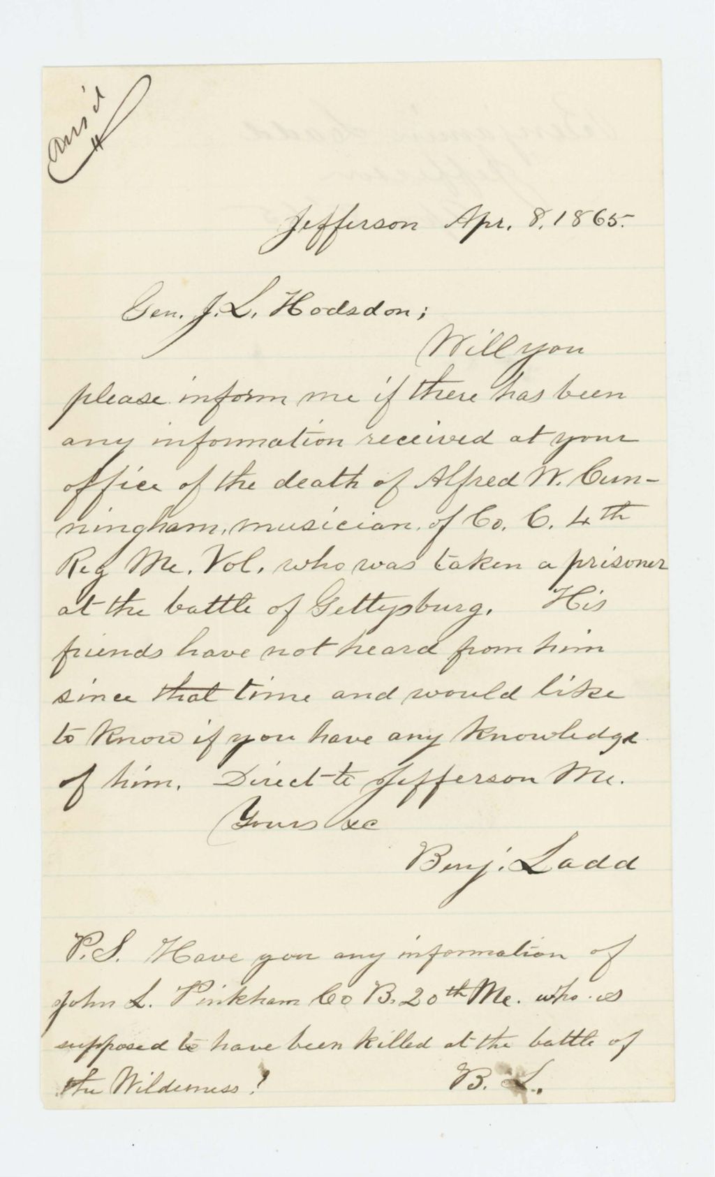 Miniature of Benjamin Ladd seeks information about the deaths of Alfred W. Cunningham (4th Maine) and John L. Pinkham (20th Maine)