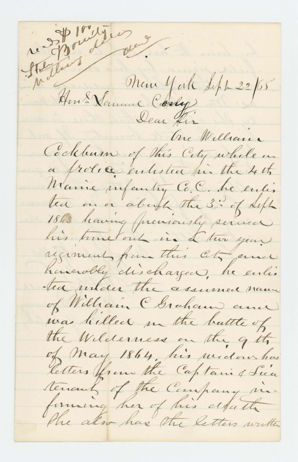 Miniature of P.F. Kendall inquires about state bounty due the widow of William Cockburn, alias Graham