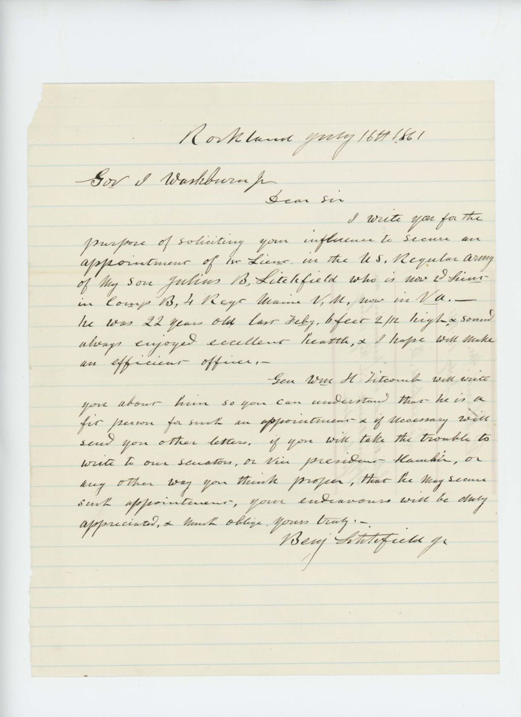 Miniature of Benjamin Litchfield Jr. solicits an appointment for his son Julius B. Litchfield of Company B