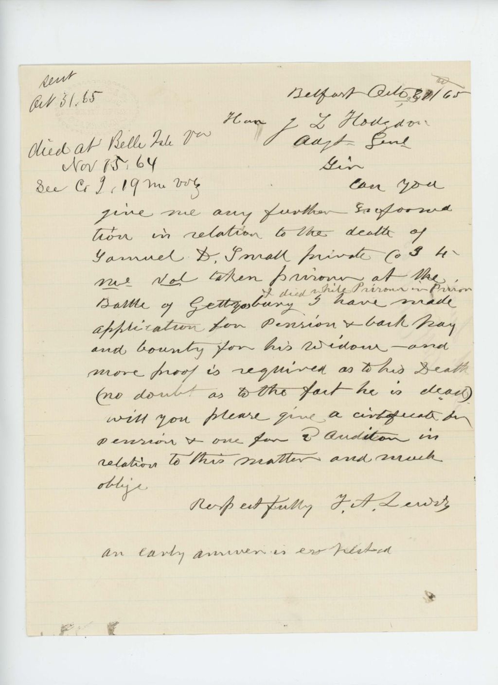 Miniature of Mr. Lewis requests further information relating to the death of Samuel D. Small