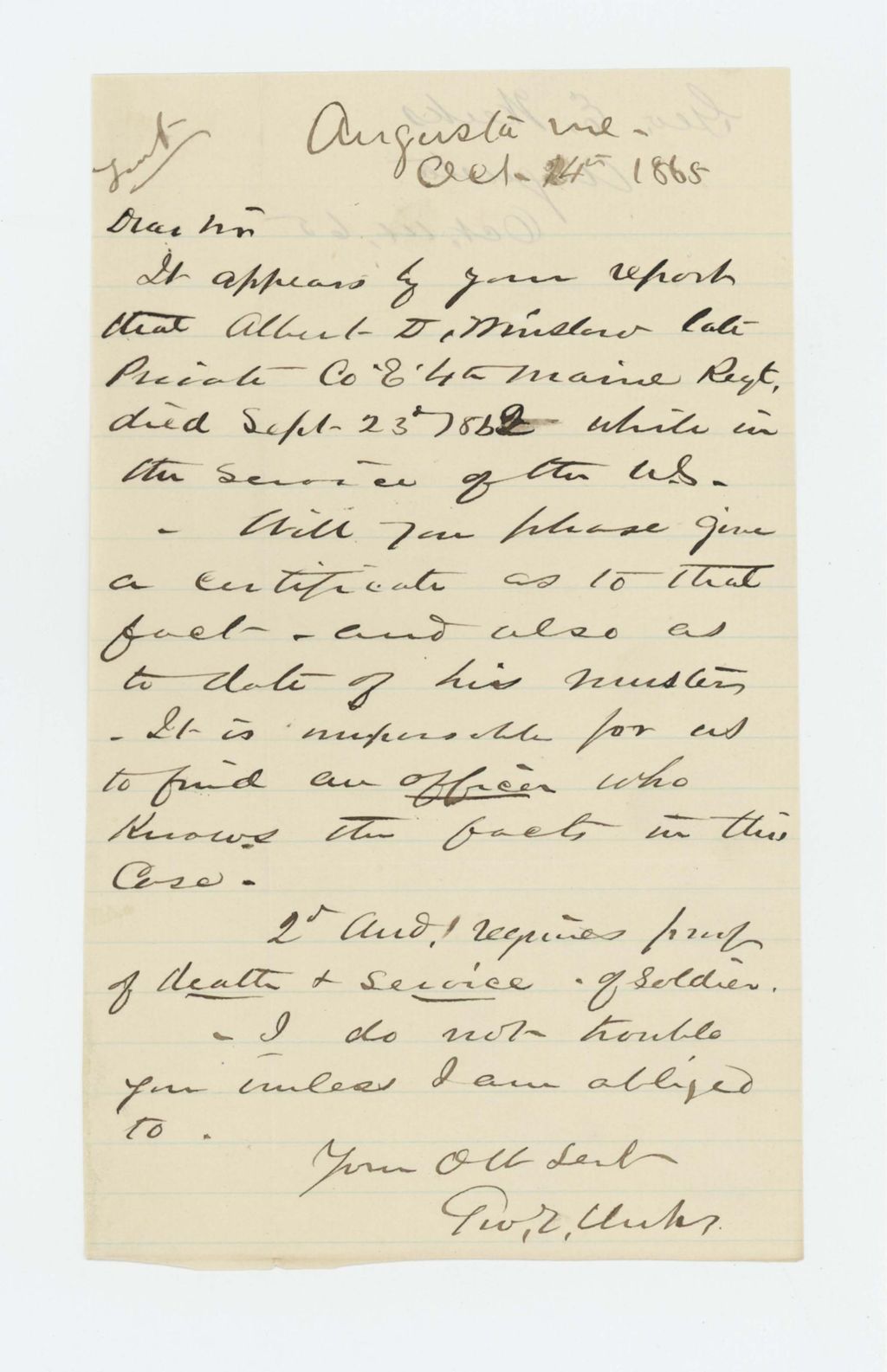 Miniature of George Weeks requests proof of death and service for Albert D. Winslow