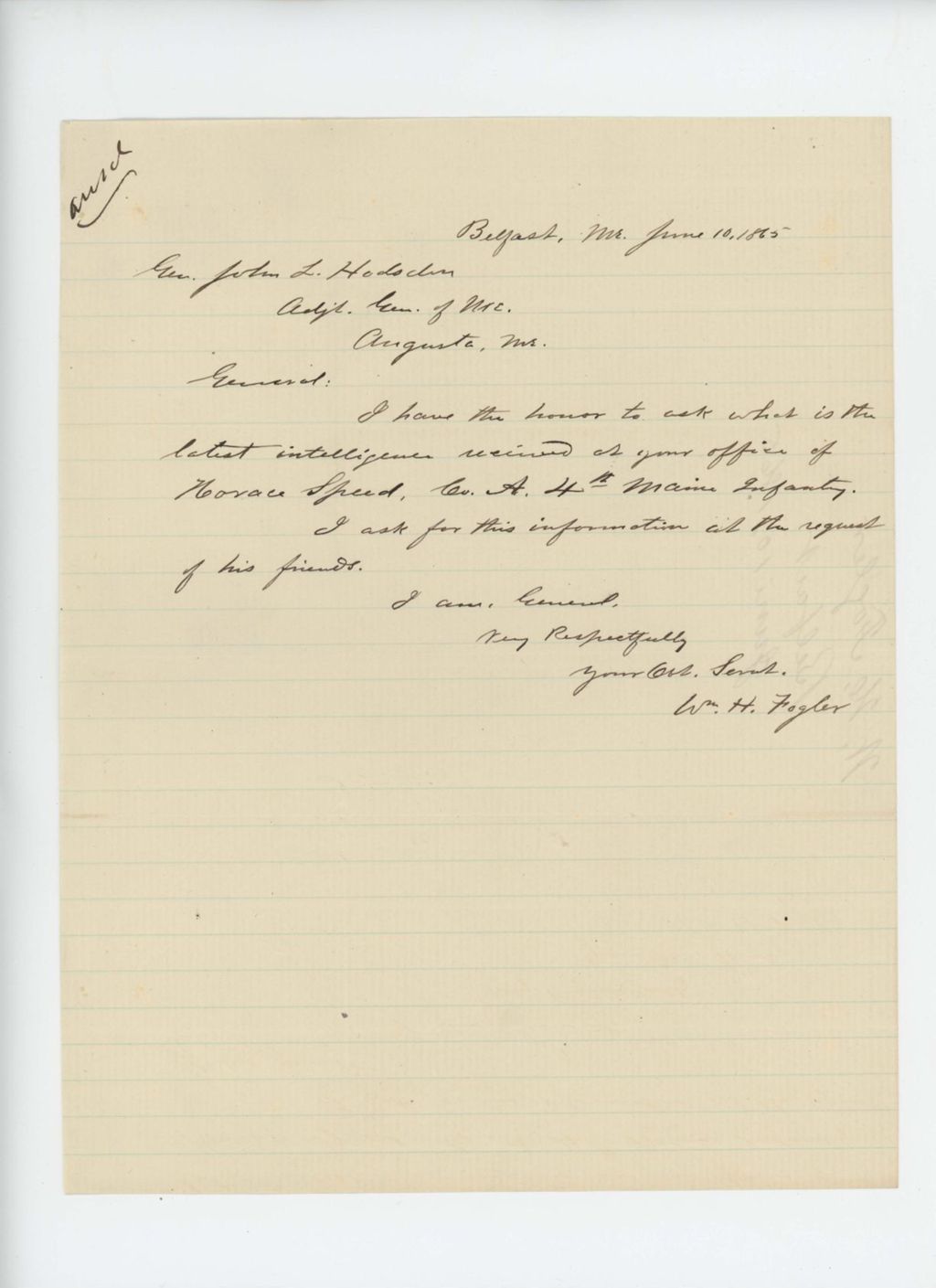 Miniature of W.H. Fogler requests information about Horace Speed of Company A