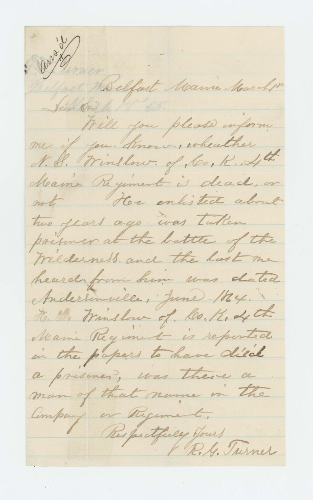 Miniature of R. Turner seeks information whether N.S. Winslow is dead