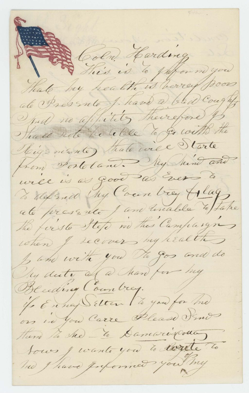 Miniature of L.D. Light of Damariscotta writes Colonel Harding that he is unable to join the regiment due to illness