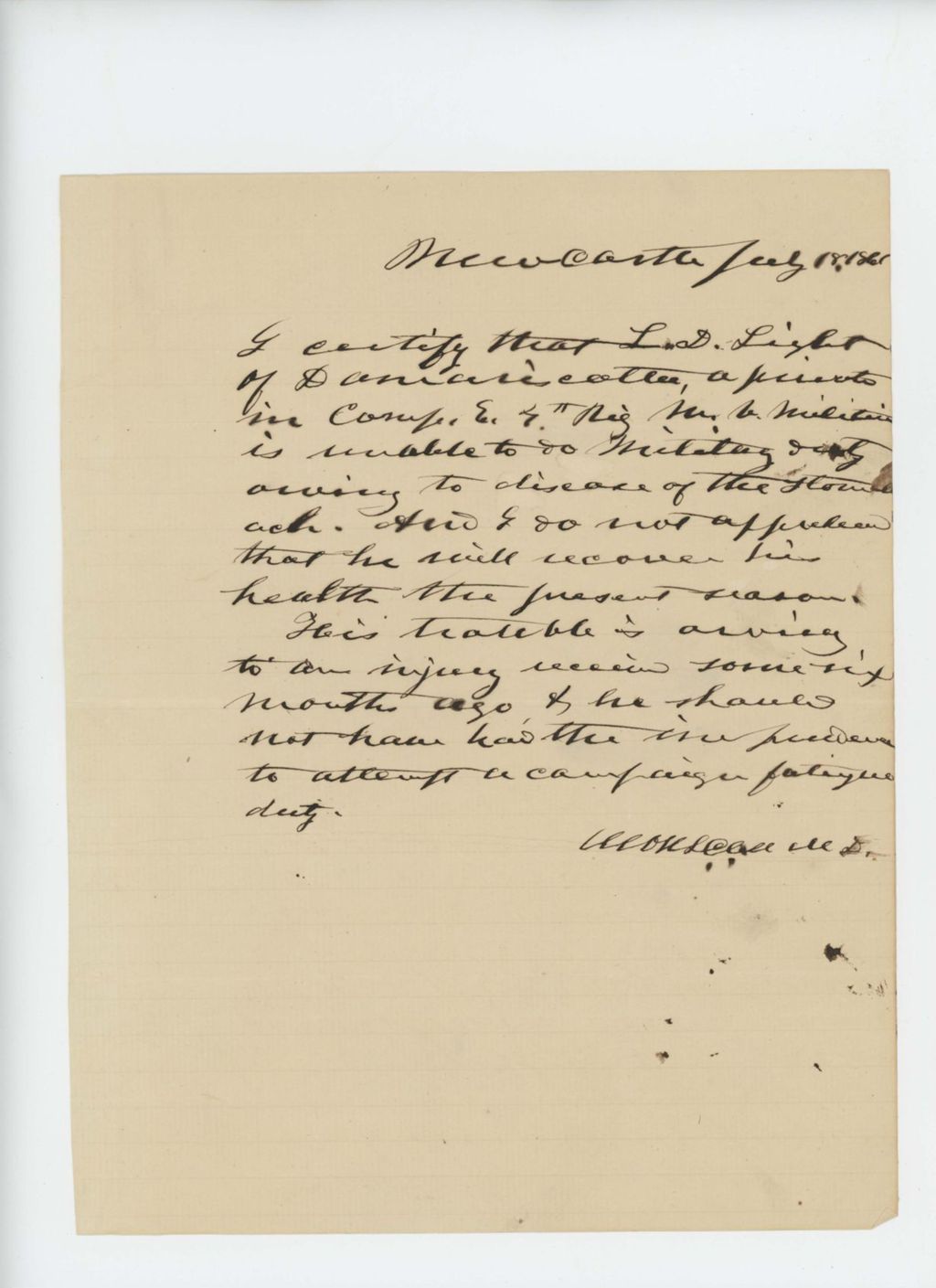 Miniature of Physician's note that L.D. Light of Damariscotta is unfit for duty