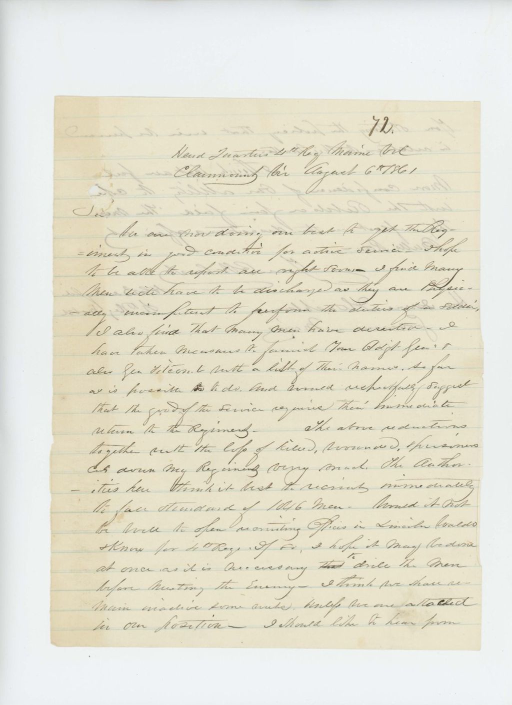 Miniature of Colonel Berry writes Governor Washburn regarding men unsuitable for duty