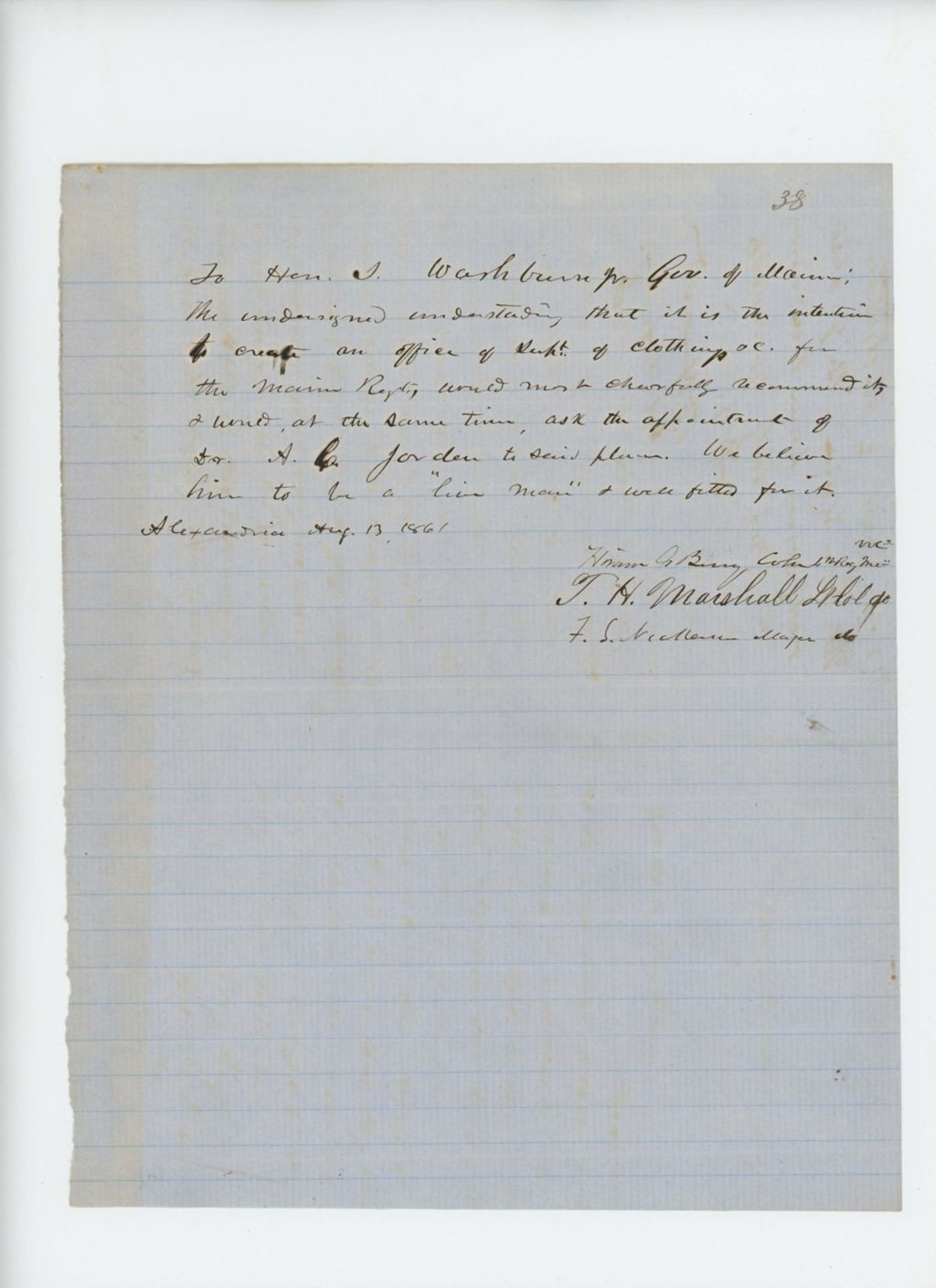Miniature of Colonel Hiram Berry and other officers request appointment of A.C. Jordan for position of superintendent of clothing, etc.