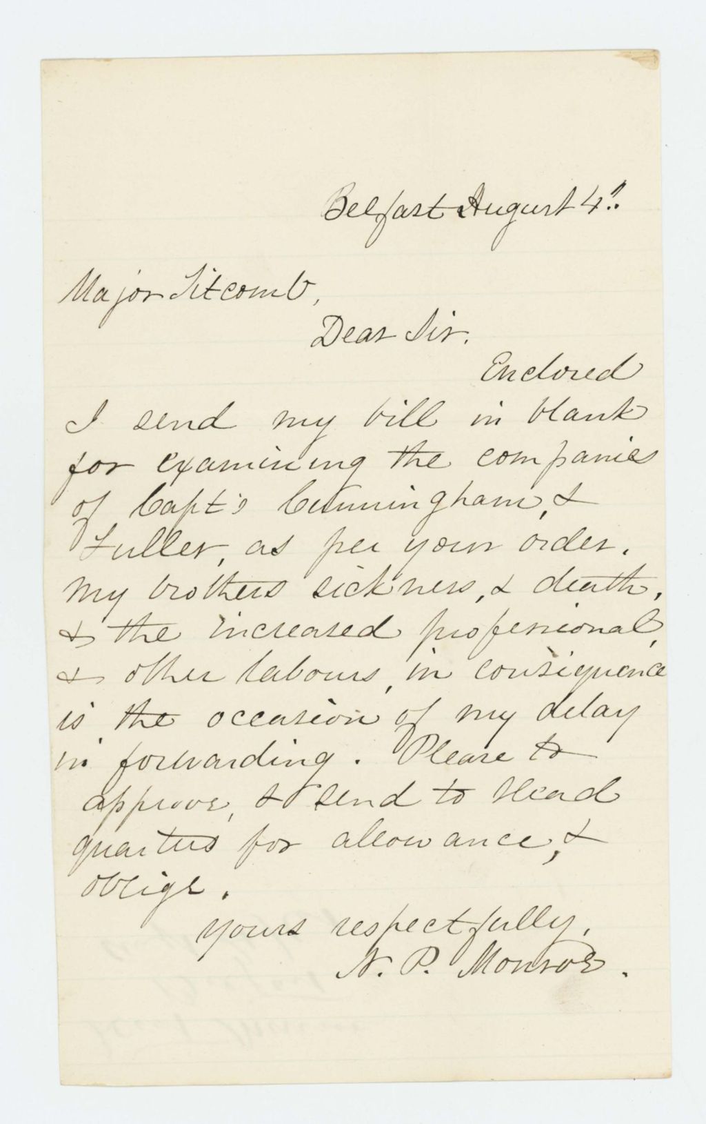 Miniature of Dr. N.P. Monroe forwards his bill to Major Titcomb for examining the companies of Cunningham and Fuller