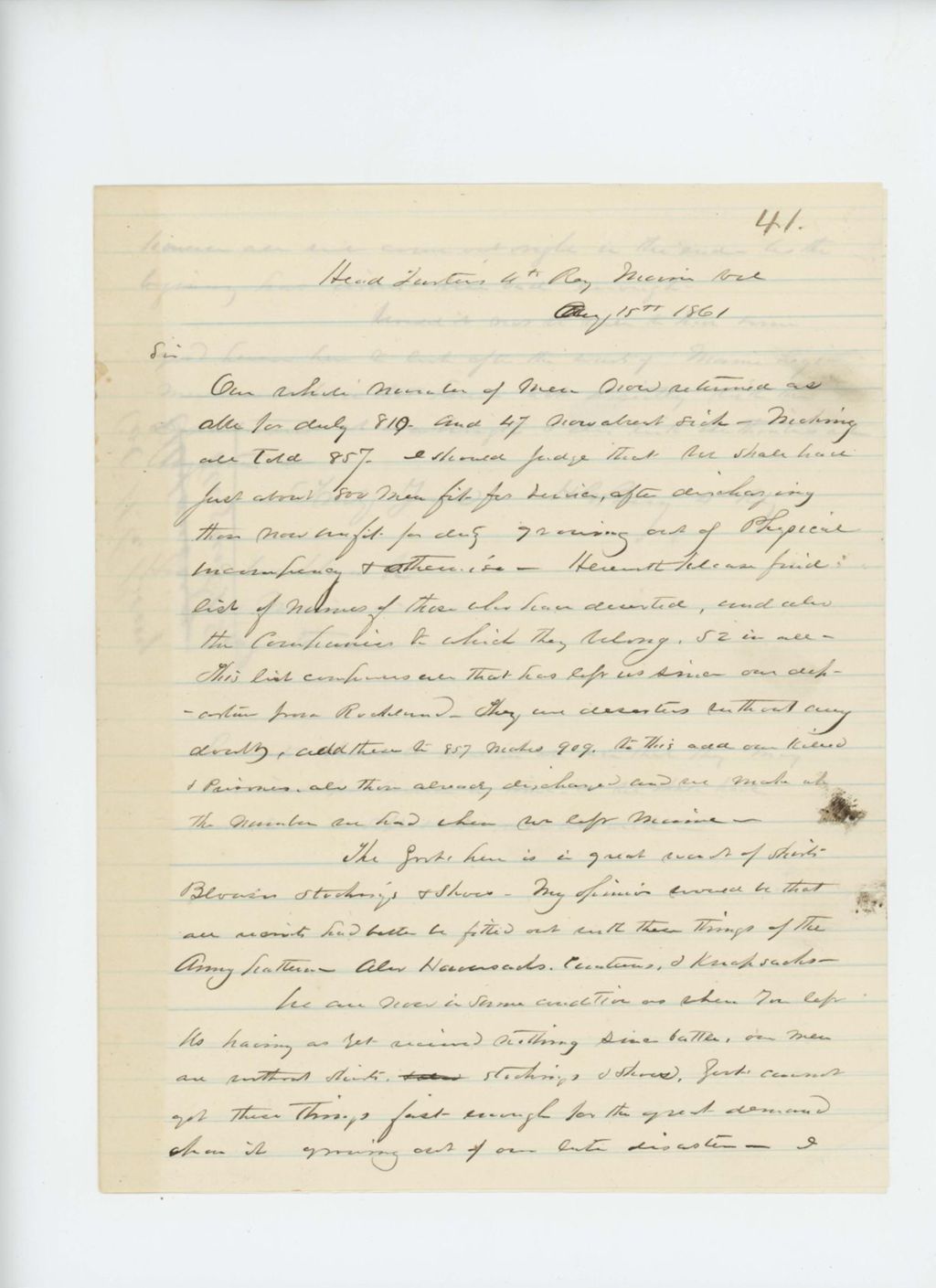 Miniature of Colonel Berry writes Governor Washburn regarding condition of the regiment