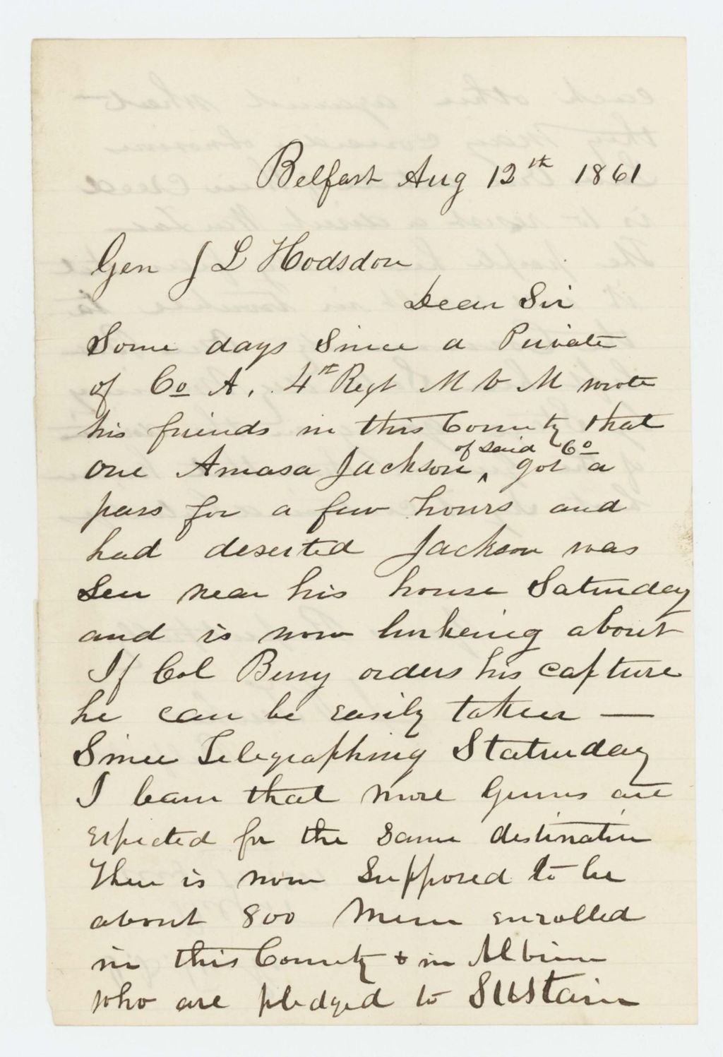Miniature of J.D. Tucker reports that deserter Amasa Jackson has been sighted in Belfast