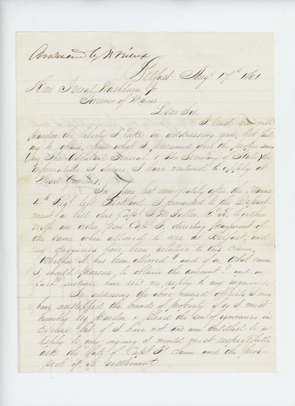 Miniature of John H. Quimby requests payment of bill of Captain S.M. Fuller