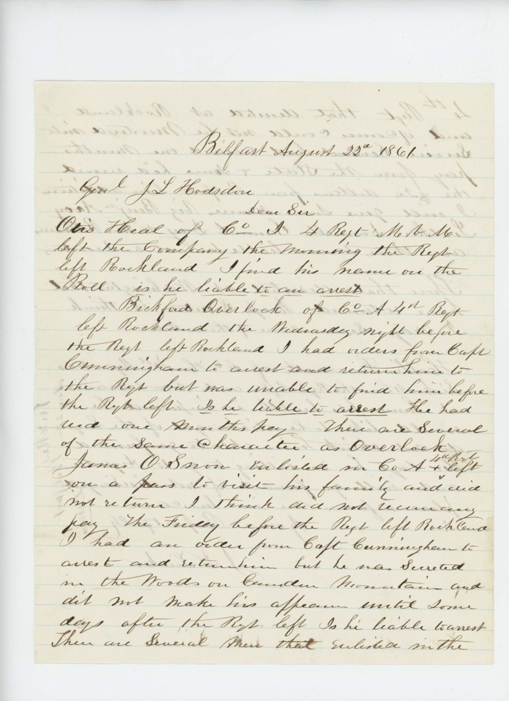 Miniature of J.D. Tucker writes General Hodsdon regarding deserters Otis Heal, Bickford Overlock, Jonas Snow and others