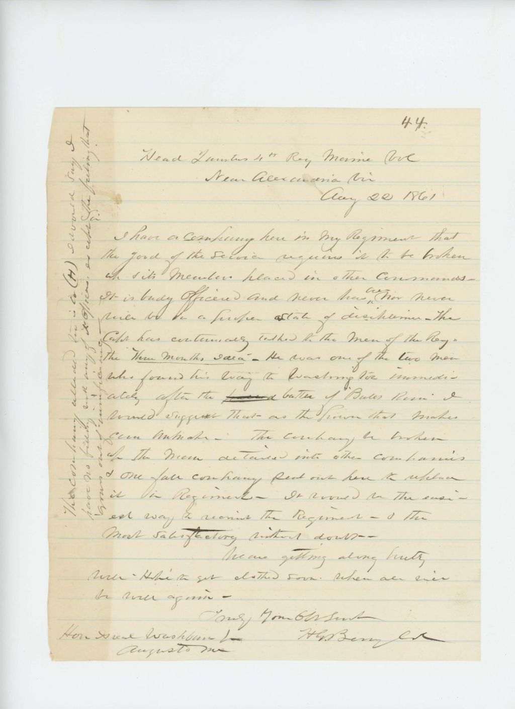 Miniature of Colonel Berry writes Governor Washburn regarding breaking up Company H for the good of the service