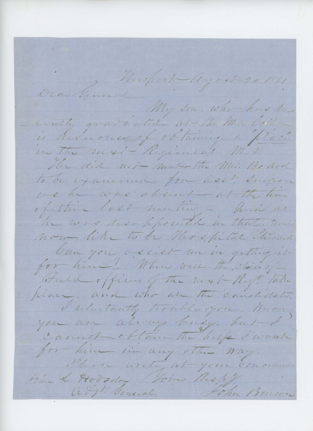 Miniature of John Benson requests a position as hospital steward for his son