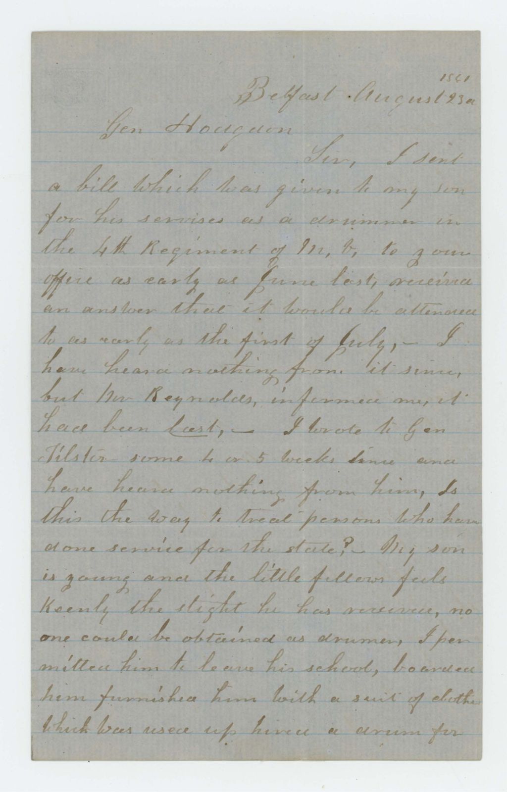 Miniature of Richard Moody requests payment for his son's services as a drummer