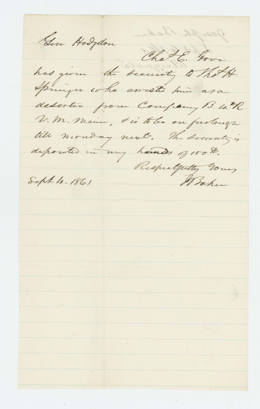 Miniature of Joseph Baker writes General Hodsdon regarding arrest of Charles E. Gove as deserter