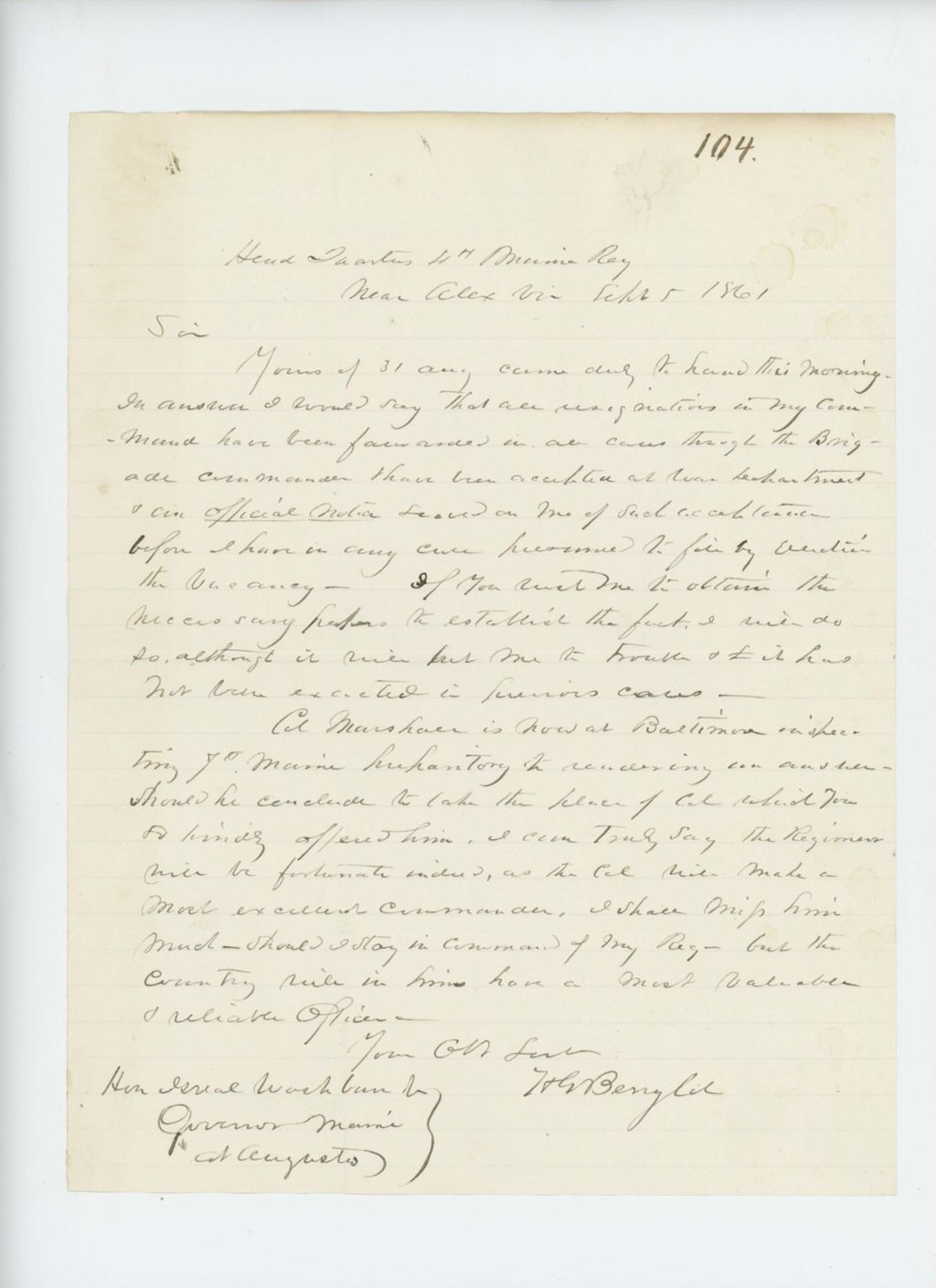 Miniature of Colonel Berry writes Governor Washburn regarding vacancies