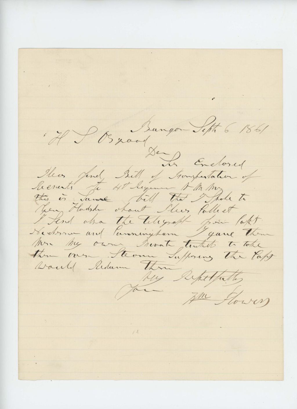 Miniature of Captain Howes writes regarding bill for transportation