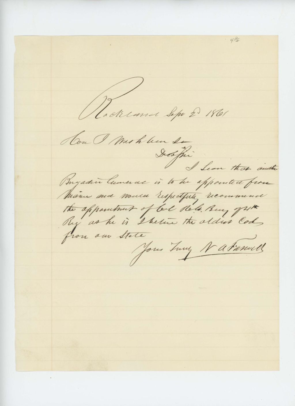 Miniature of N.A. Farwell recommends the promotion of Hiram Berry to Brigadier General