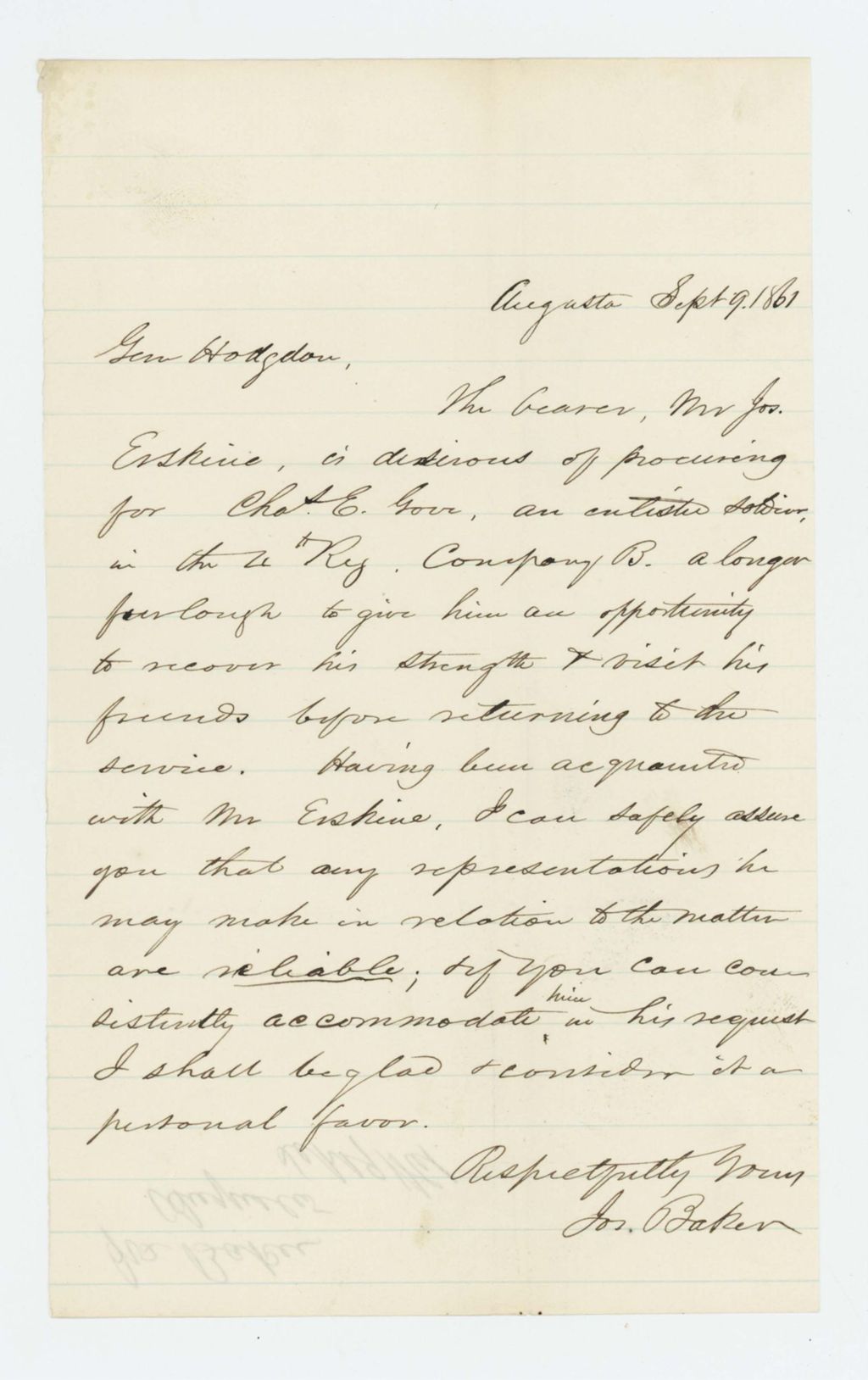 Miniature of Joseph Baker forwards a request for extended furlough for Charles E. Gove