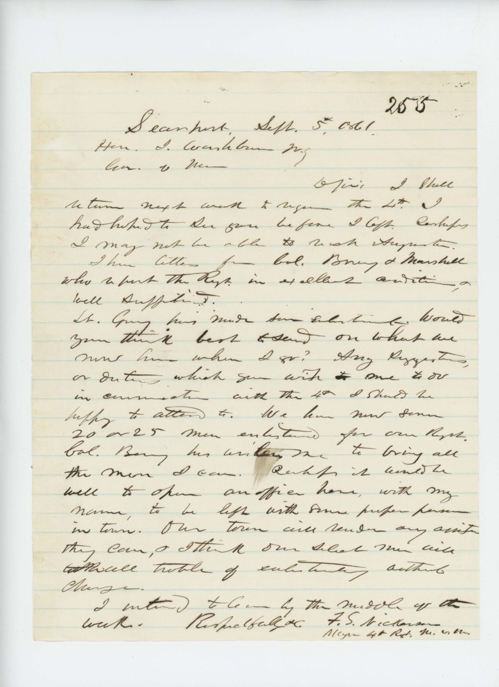 Miniature of Major Frank S. Nickerson writes Governor Washburn about condition of the regiment