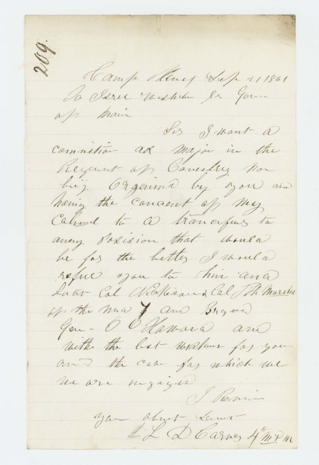 Miniature of L.D. Carver requests a commission as Major