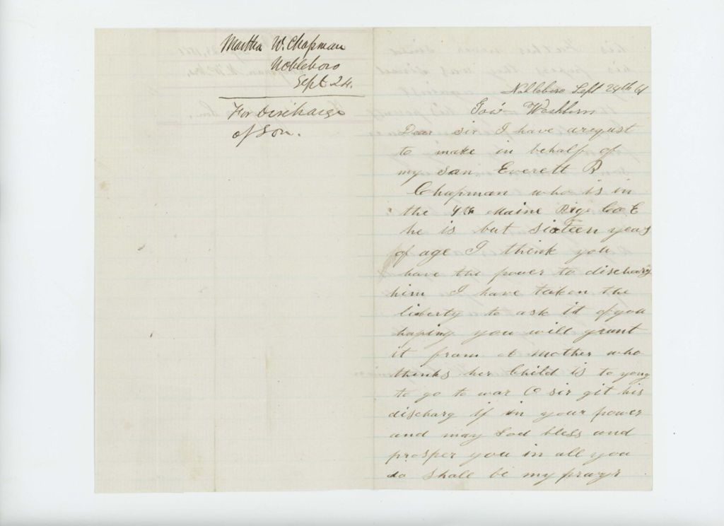 Miniature of Martha Chapman requests discharge of her son Everett