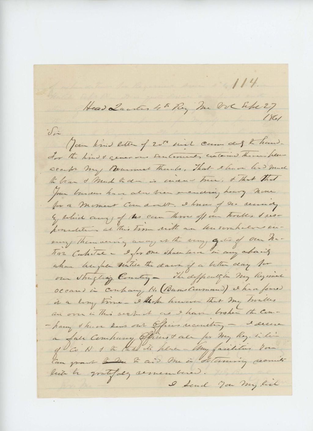 Miniature of Colonel Berry writes Governor Washburn regarding trouble in Company H