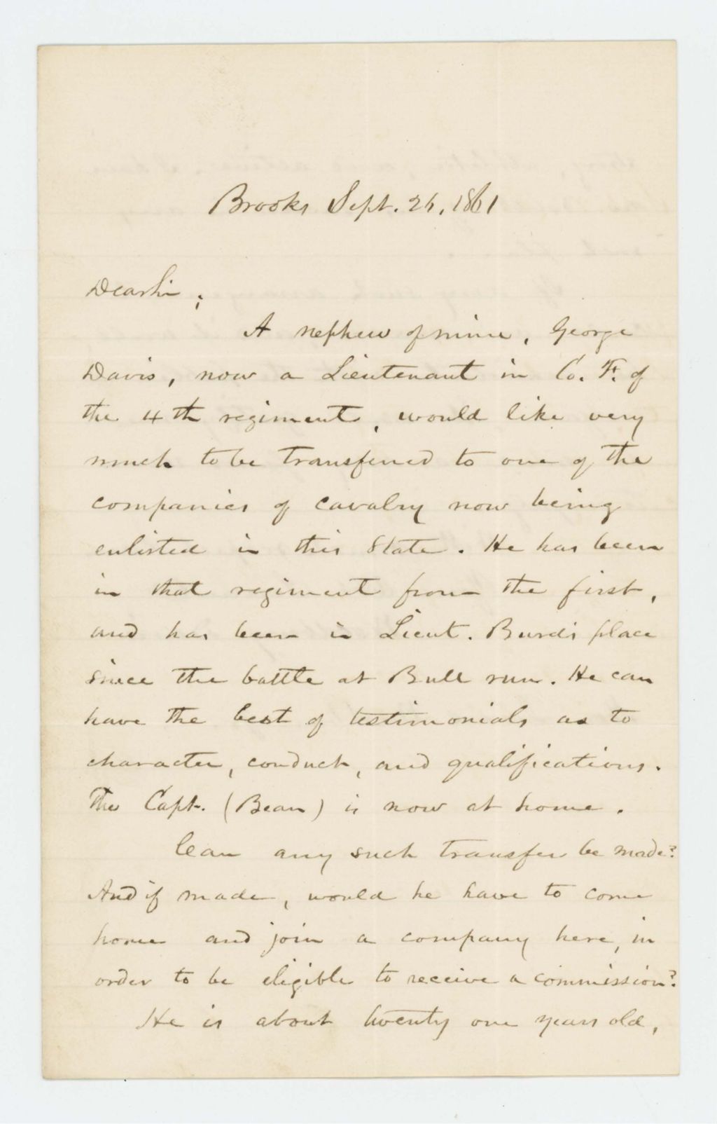 Miniature of Woodbury Davis requests that his nephew Lieutenant George Davis be transferred to the cavalry