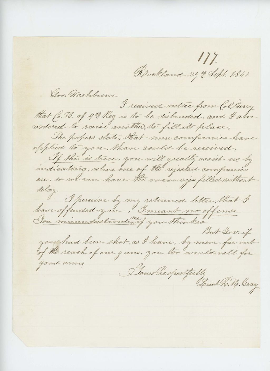 Miniature of Lieutenant R.H. Gray apologizes to Governor Washburn for offending him and requests recruits to fill the disbanded Company H