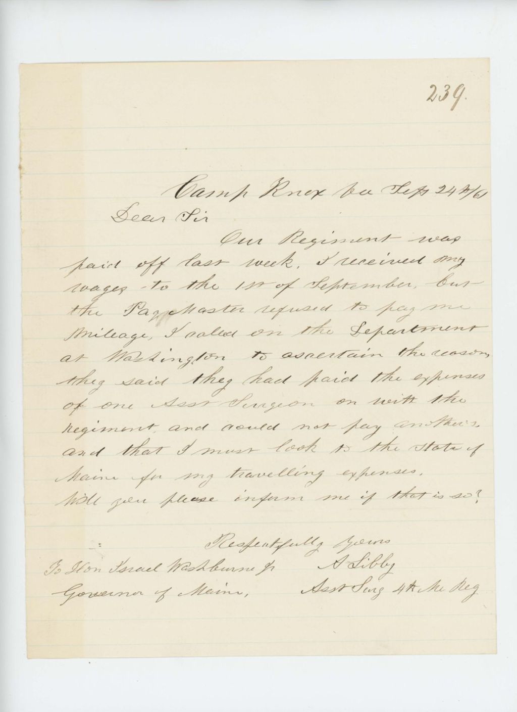 Miniature of Assistant Surgeon Abial Libby requests reimbursement for his travel mileage