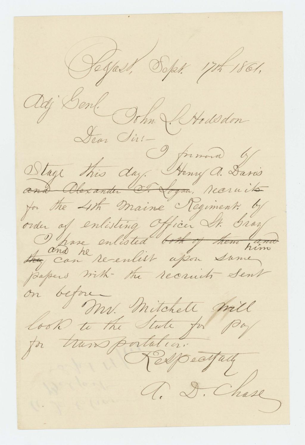 Miniature of A.D. Chase sends new recruit Henry A. Davis to the regiment