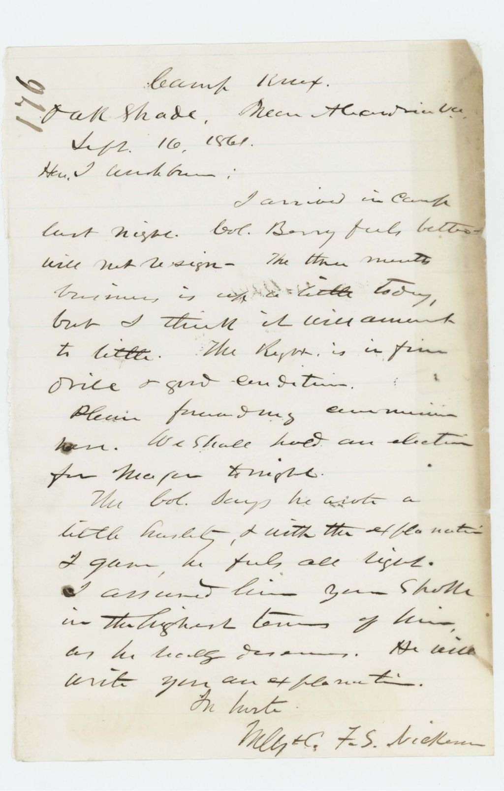 Miniature of Major F.S. Nickerson writes Governor Washburn regarding Colonel Berry