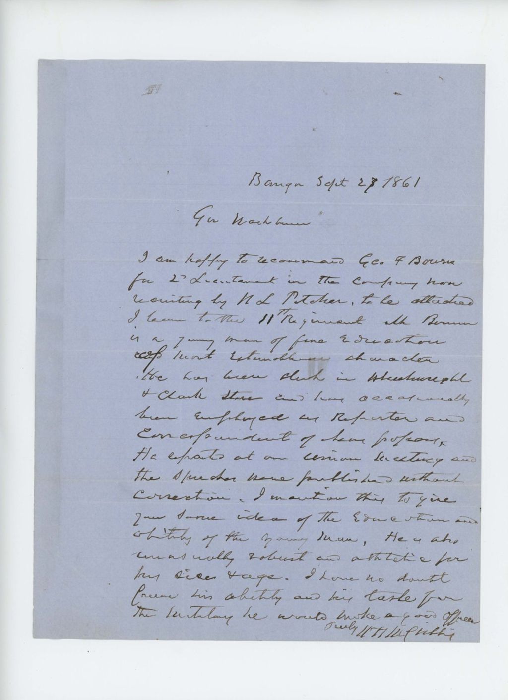 Miniature of W.H. McCrillis recommends George F. Brown for Lieutenant in the 11th Regiment