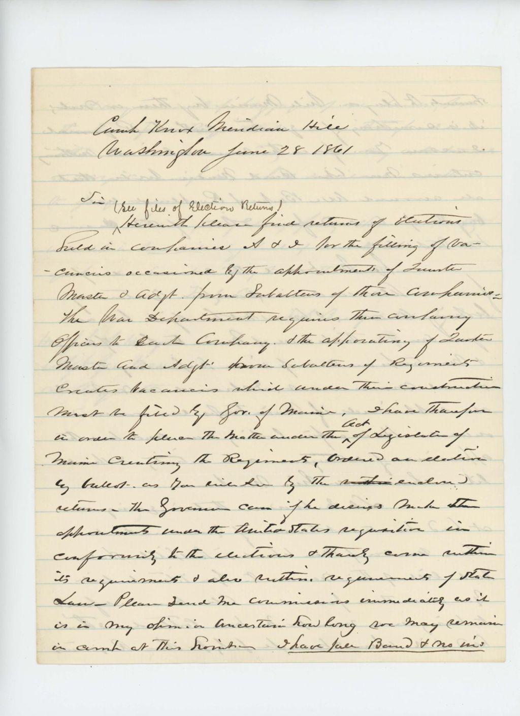 Miniature of Colonel Berry forwards officer election returns to the Adjutant General