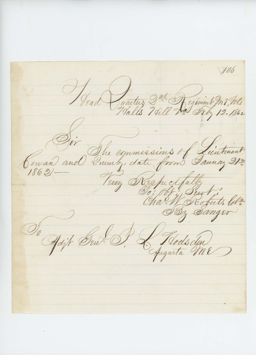 Miniature of Colonel Charles Roberts writes General Hodsdon regarding commissions of Lieutenants Cowan and Quimby
