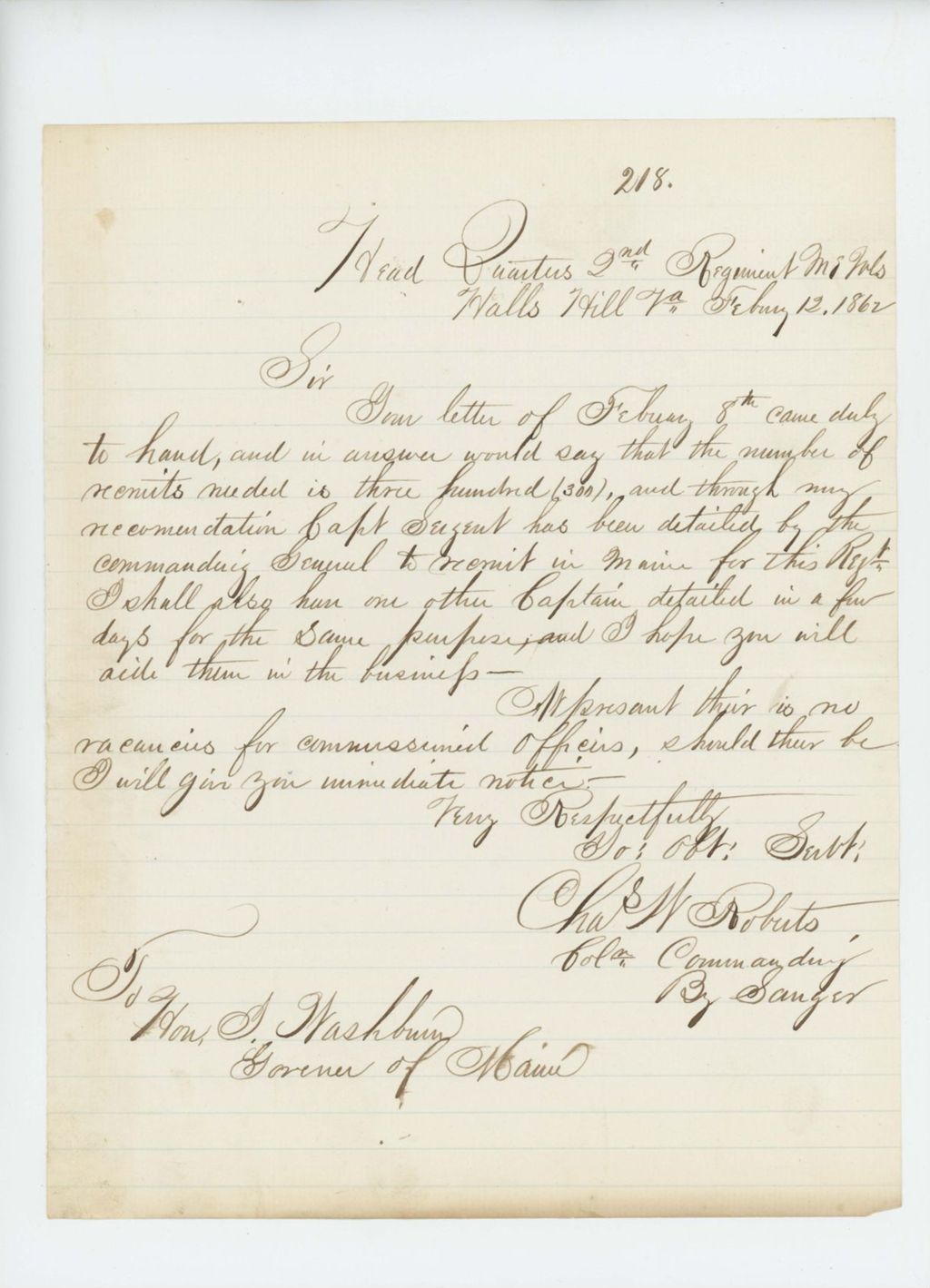 Miniature of Colonel Charles Roberts writes Governor Washburn regarding recruitments