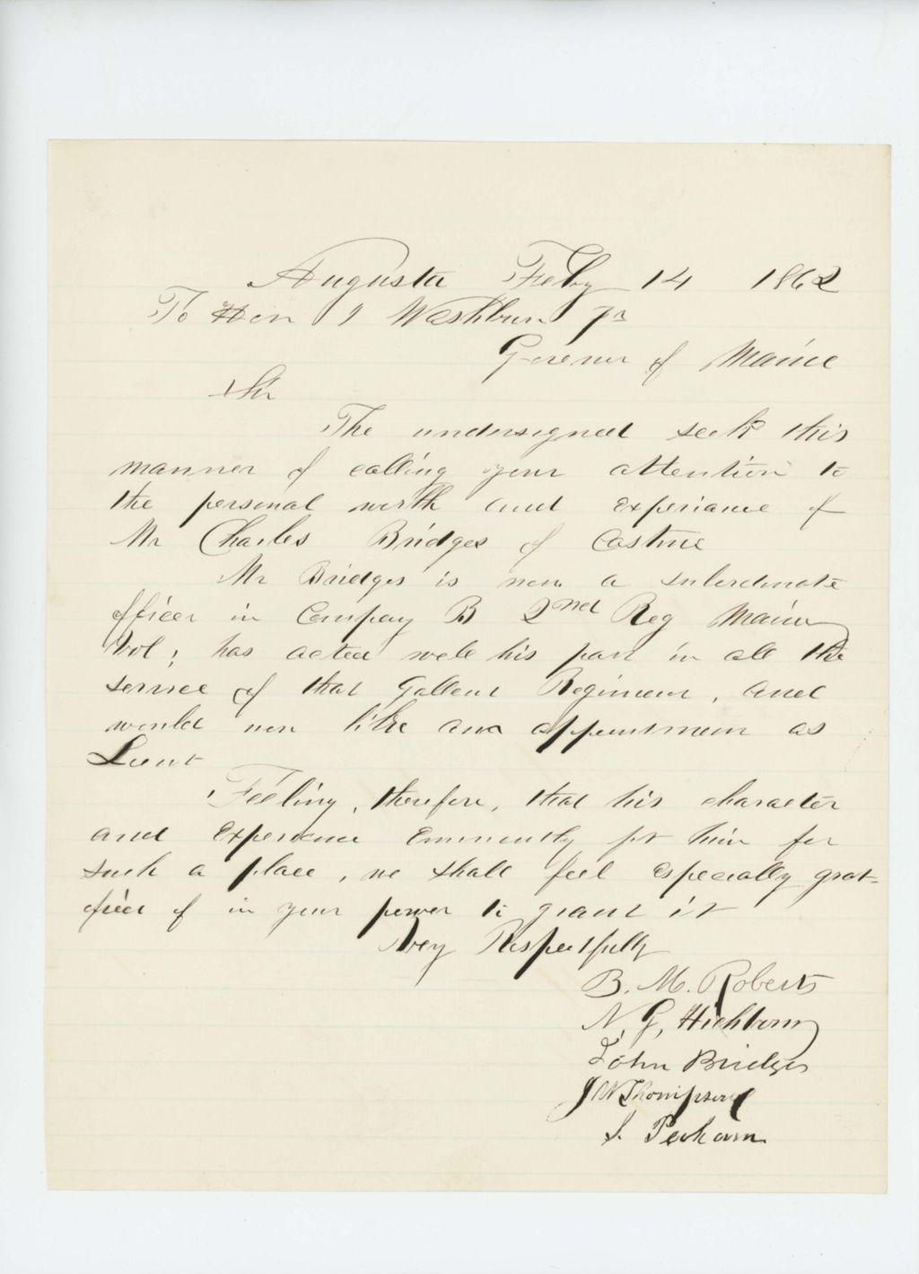 Miniature of N.G. Hichborn and others recommend promotion of Charles Bridges of Castine
