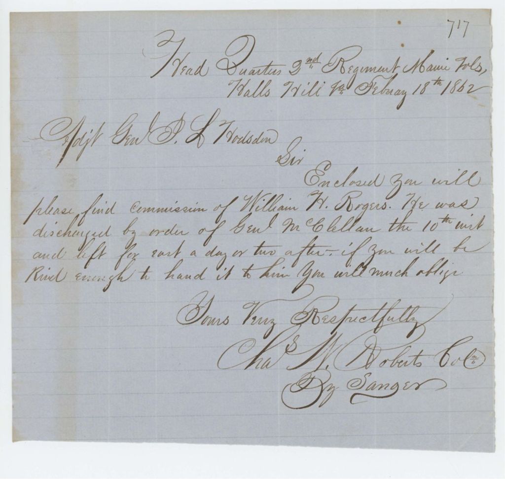 Miniature of Colonel Charles Roberts sends commission of William H. Rogers to General Hodsdon for discharge