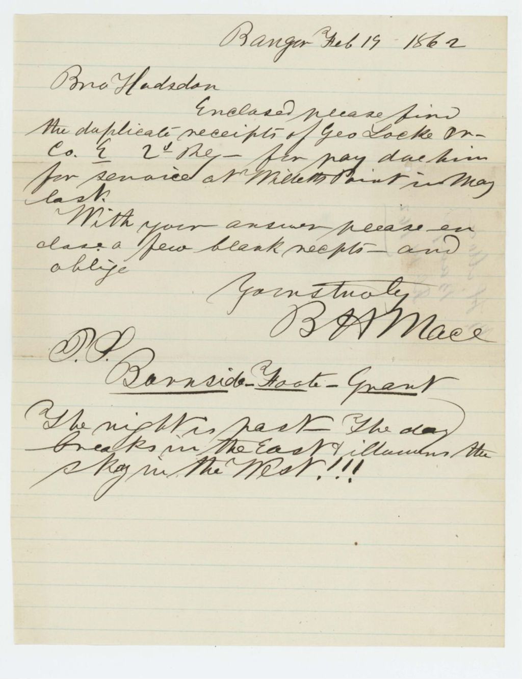 Miniature of B.H. Mace forwards receipts of George Locke for services at Willets Point, New York
