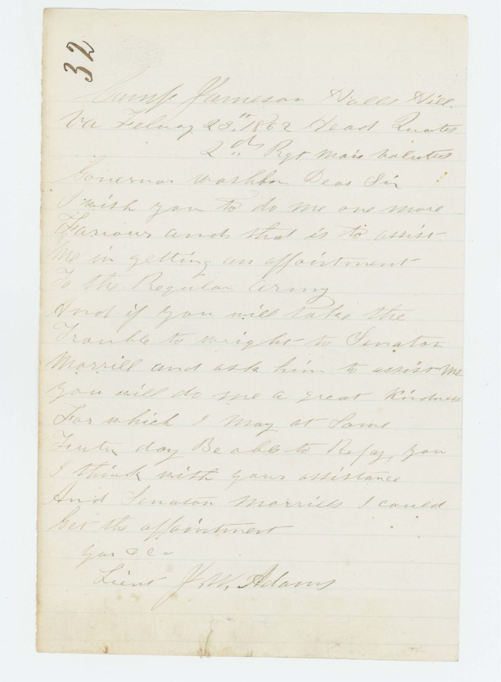 Miniature of Lieutenant J.W. Adams requests Governor Washburn's assistance with an appointment to regular Army