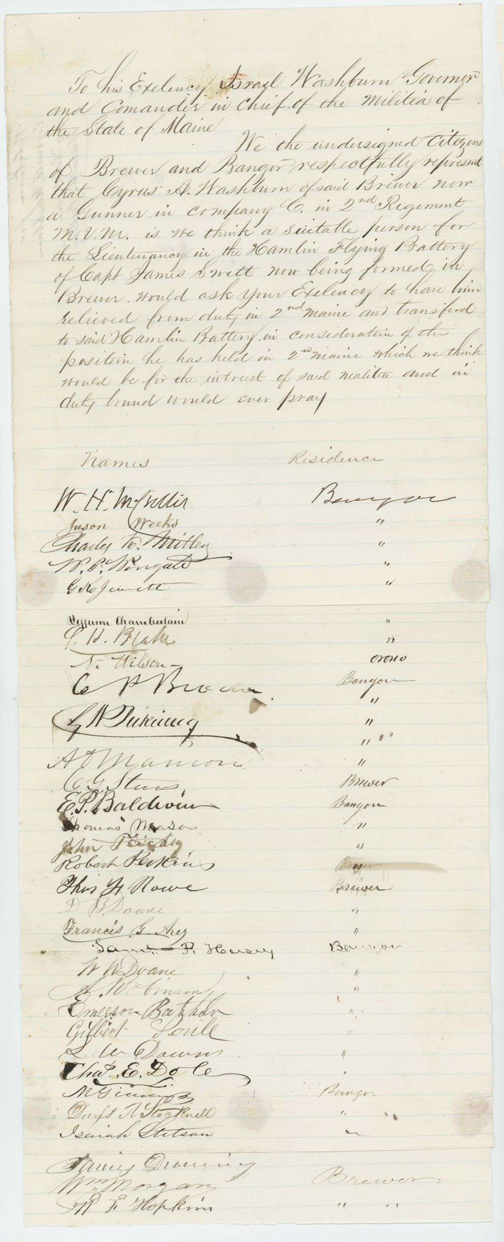 Miniature of Undated - Petition of citizens of Brewer and Bangor requesting appointment of Cyrus A. Washburn as lieutenant in the Hamlin Flying Battery