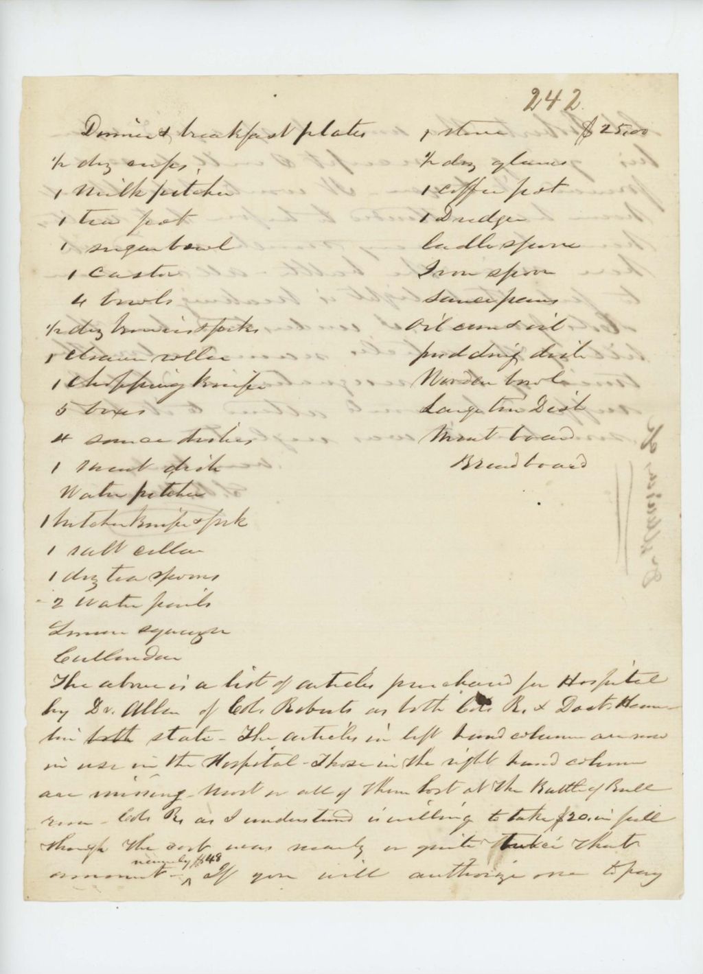 Miniature of Undated (circa August 1861) list of supplies purchased by Dr. Allen for the hospital