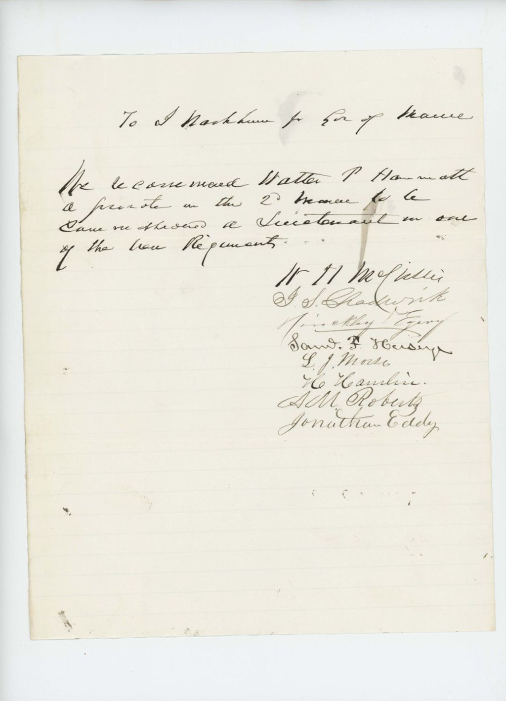 Miniature of Undated - Petition recommending Walter P. Hammatt for position as lieutenant
