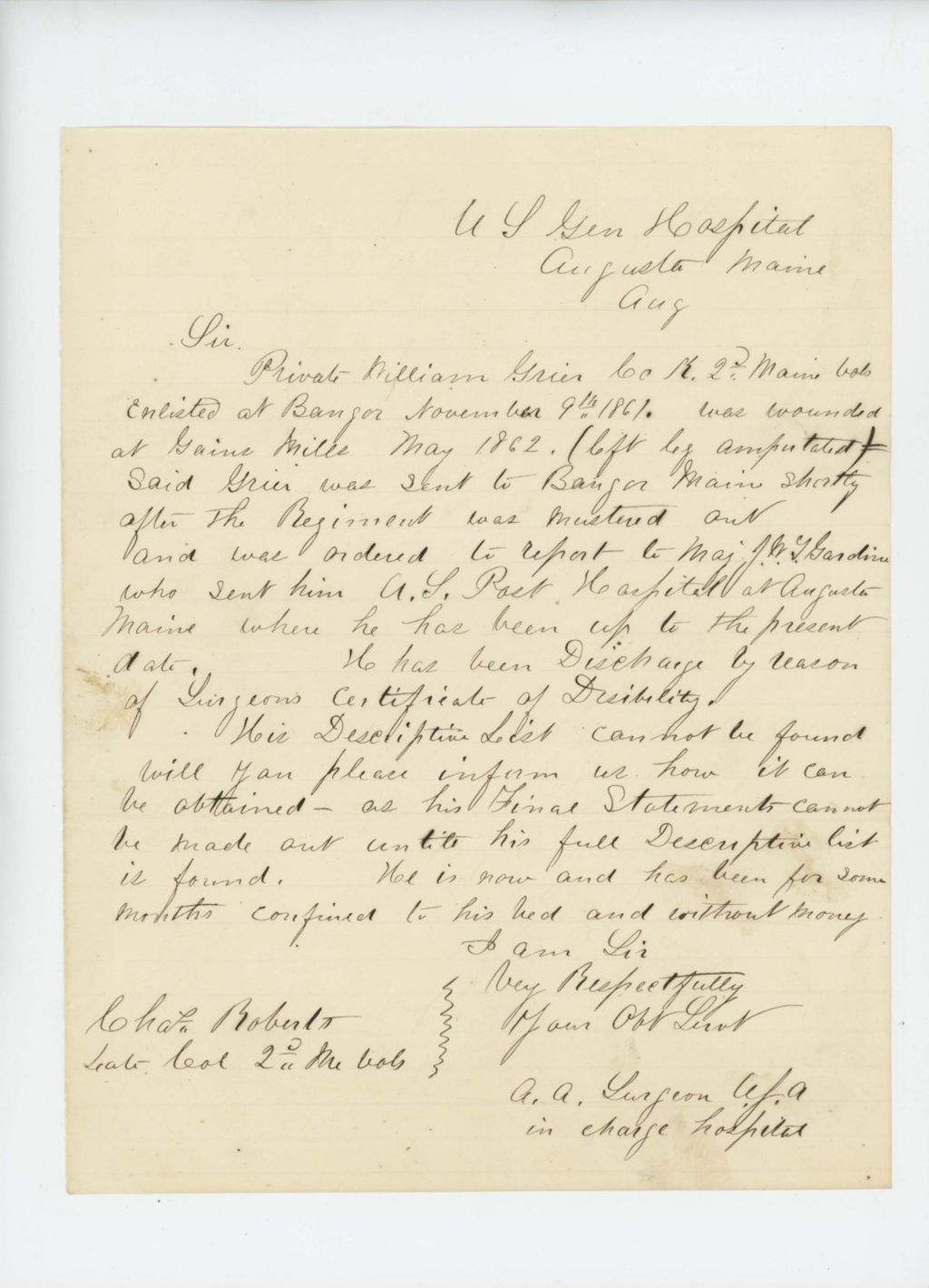 Miniature of Undated letter (circa 1863) to Colonel Charles Roberts from US General Hospital surgeon requesting information on Private William Grier