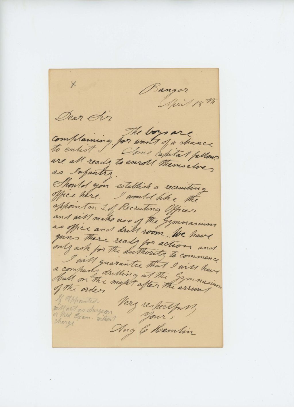 Miniature of Augustus C. Hamlin requests position as recruiting officer