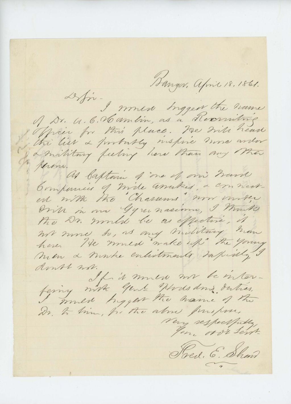 Miniature of Frederick E. Shaw recommends Augustus C. Hamlin for recruiting officer