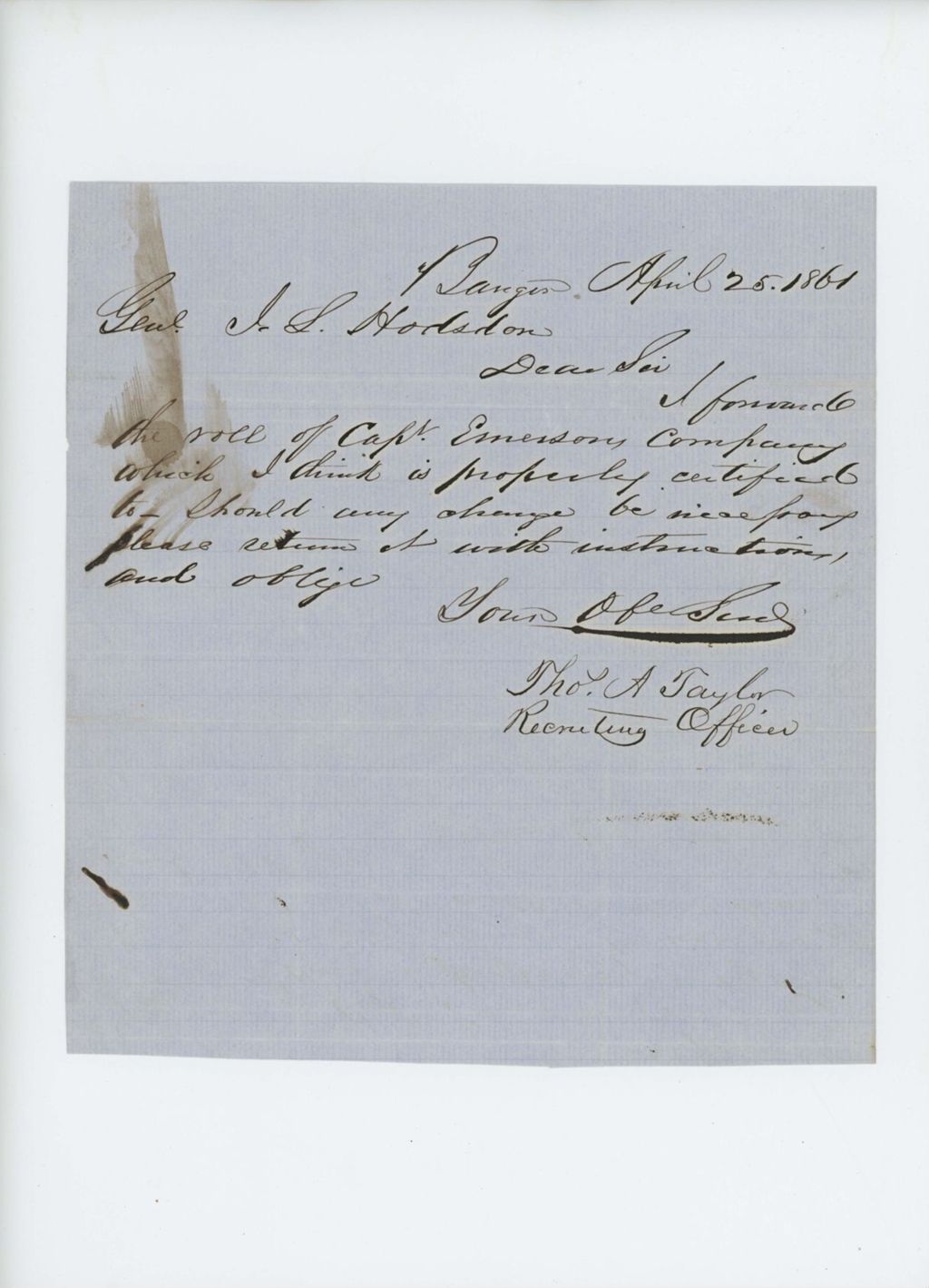 Miniature of Thomas A. Taylor forwards the recruitment roll of Captain Emerson