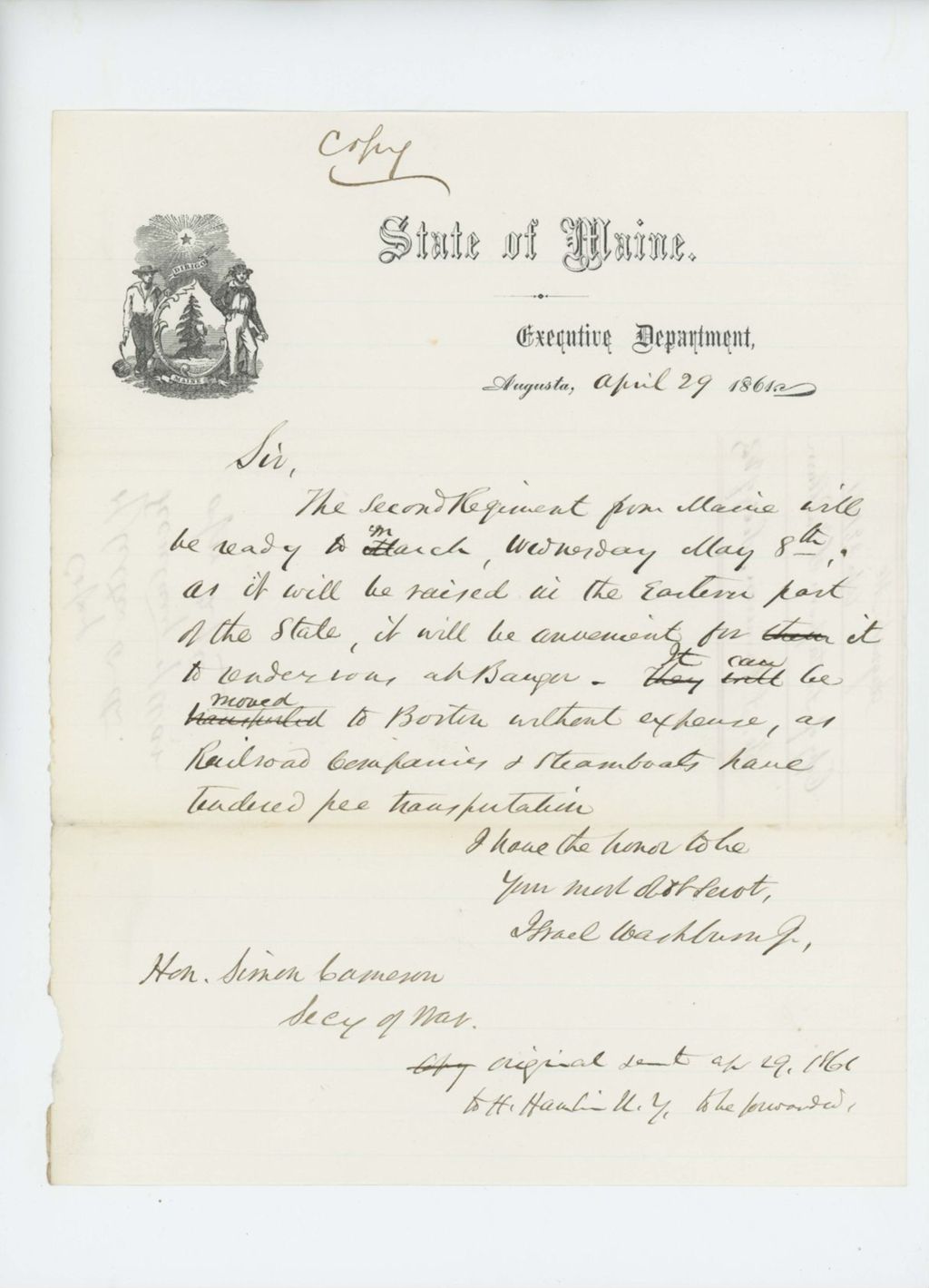 Miniature of Governor Washburn notifies Simon Cameron, Secretary of War, of readiness of 2nd Regiment