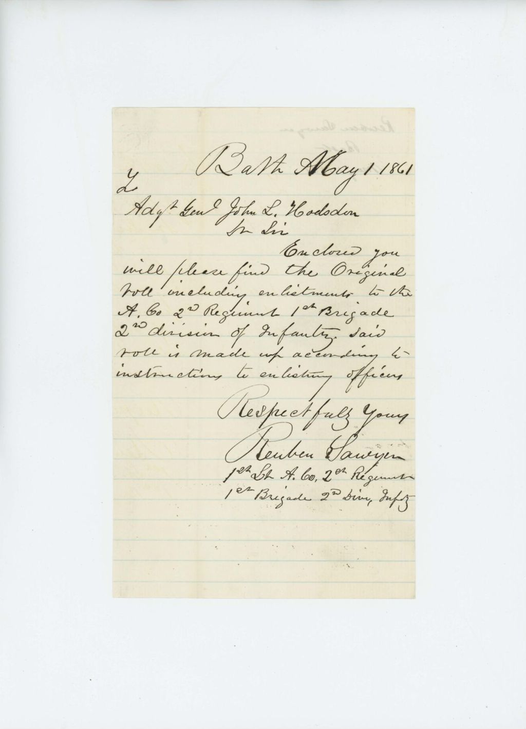 Miniature of 1st Lieutenant Reuben Sawyer sends enlistment roll